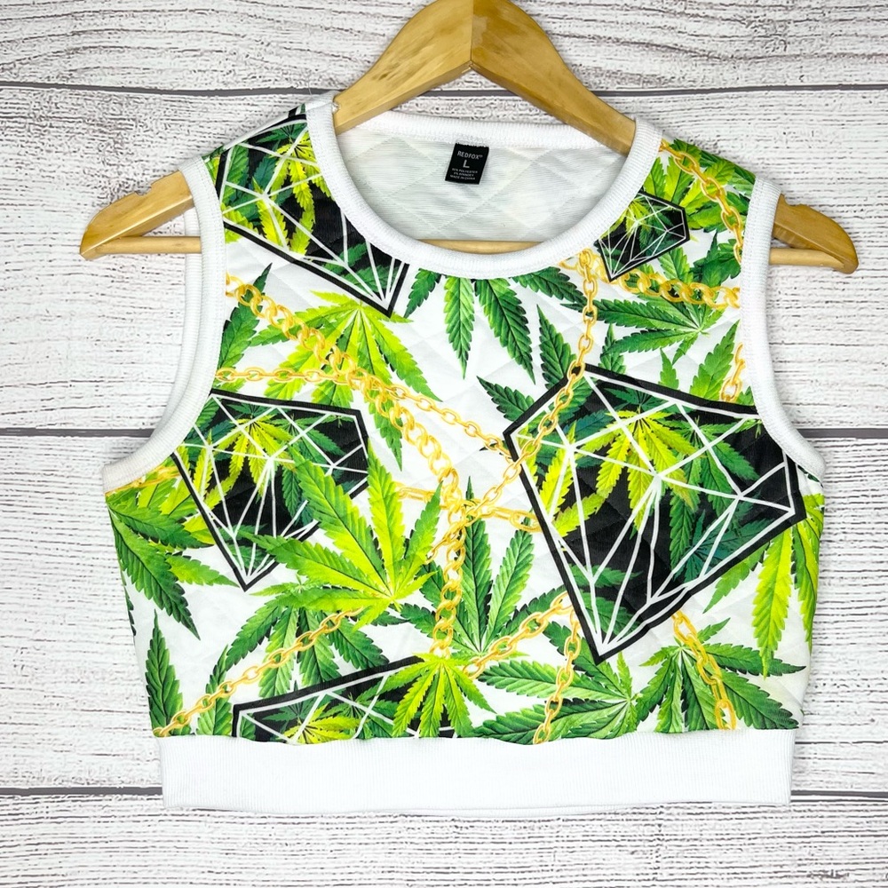 Redfox 420 Leaf Print Sleeveless Quilted Festival Crop Top Size Large